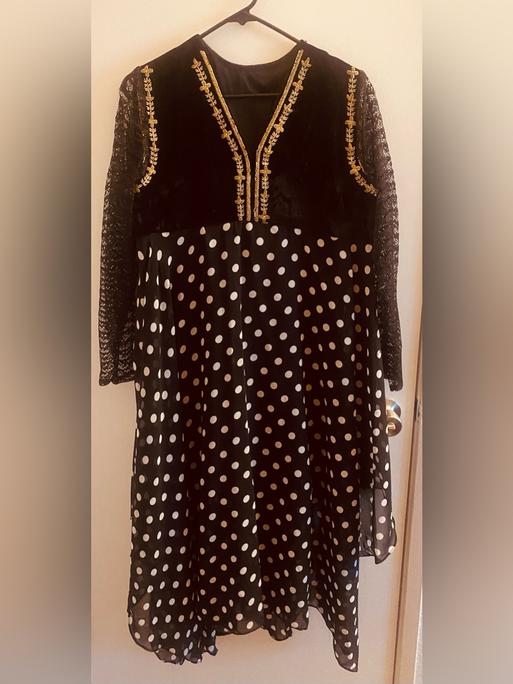 Black Polka Dot & Lace Midi Dress with Gold Trim